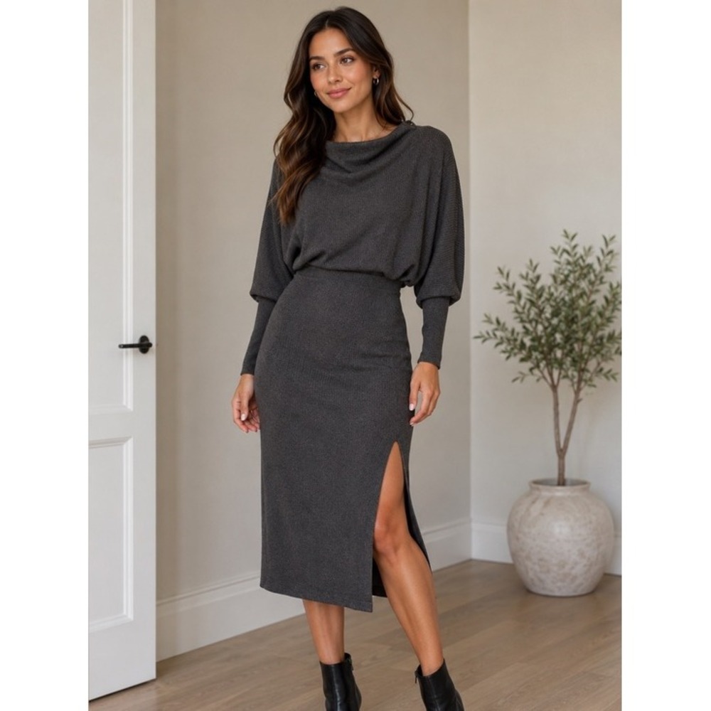 LULUS. S. Midi knit dress, charcoal gray. Long sleeves with cuffs. Slit on side.